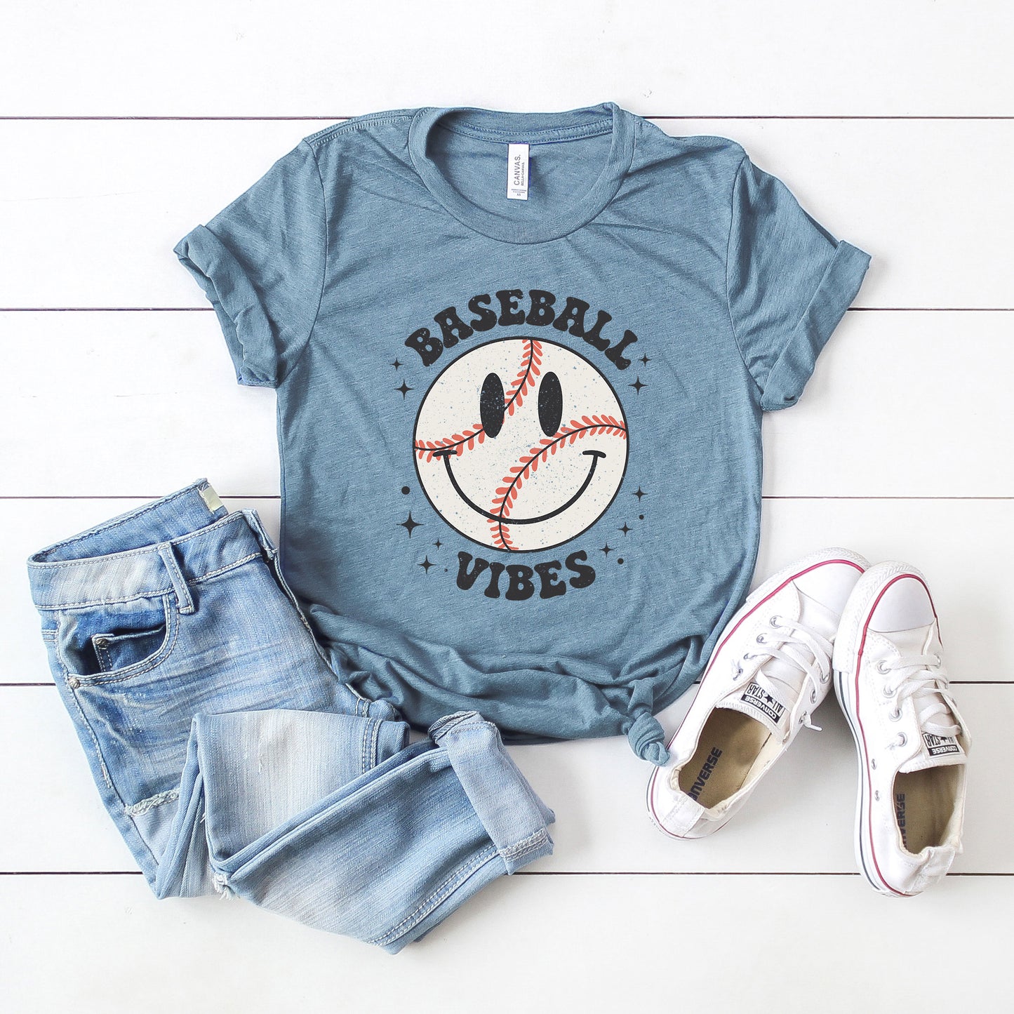 Baseball Vibes Smiley Face | Short Sleeve Graphic Tee