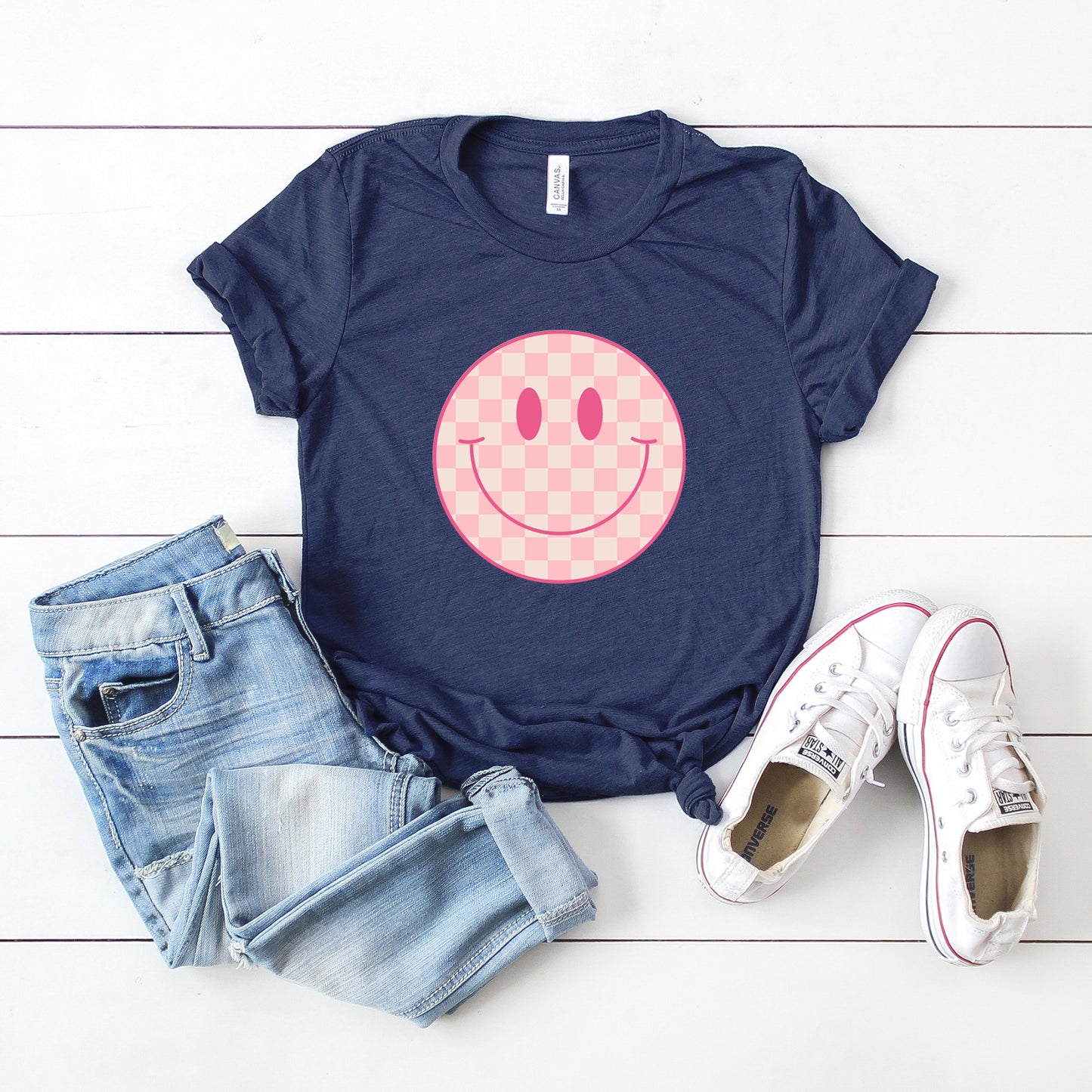 Pink Checker Smiley Face | Short Sleeve Graphic Tee
