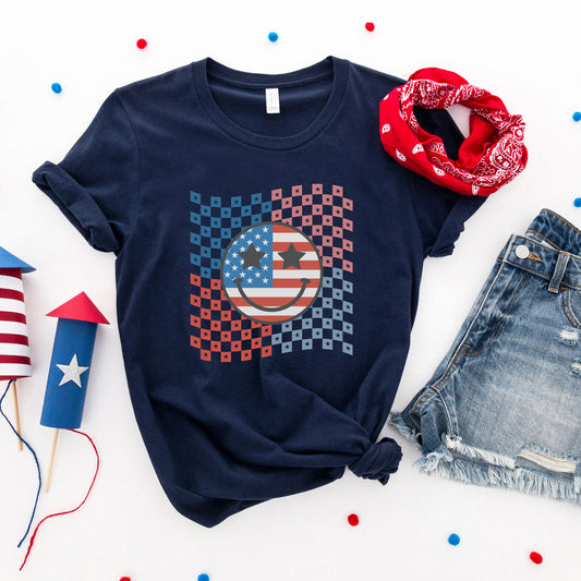 Checkered Patriotic Smiley Face | Short Sleeve Graphic Tee