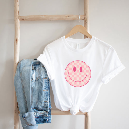 Pink Checker Smiley Face | Short Sleeve Graphic Tee