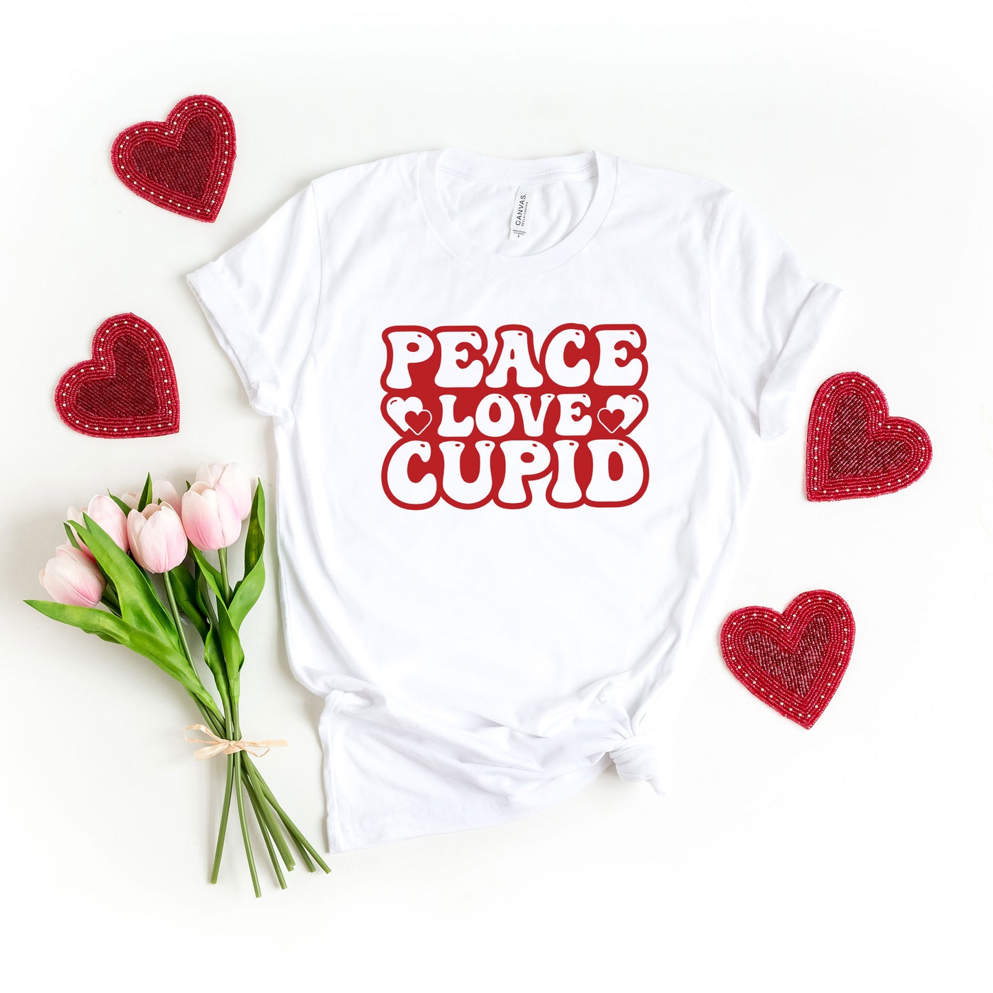 Peace Love Cupid Balloon Letters | Short Sleeve Graphic Tee