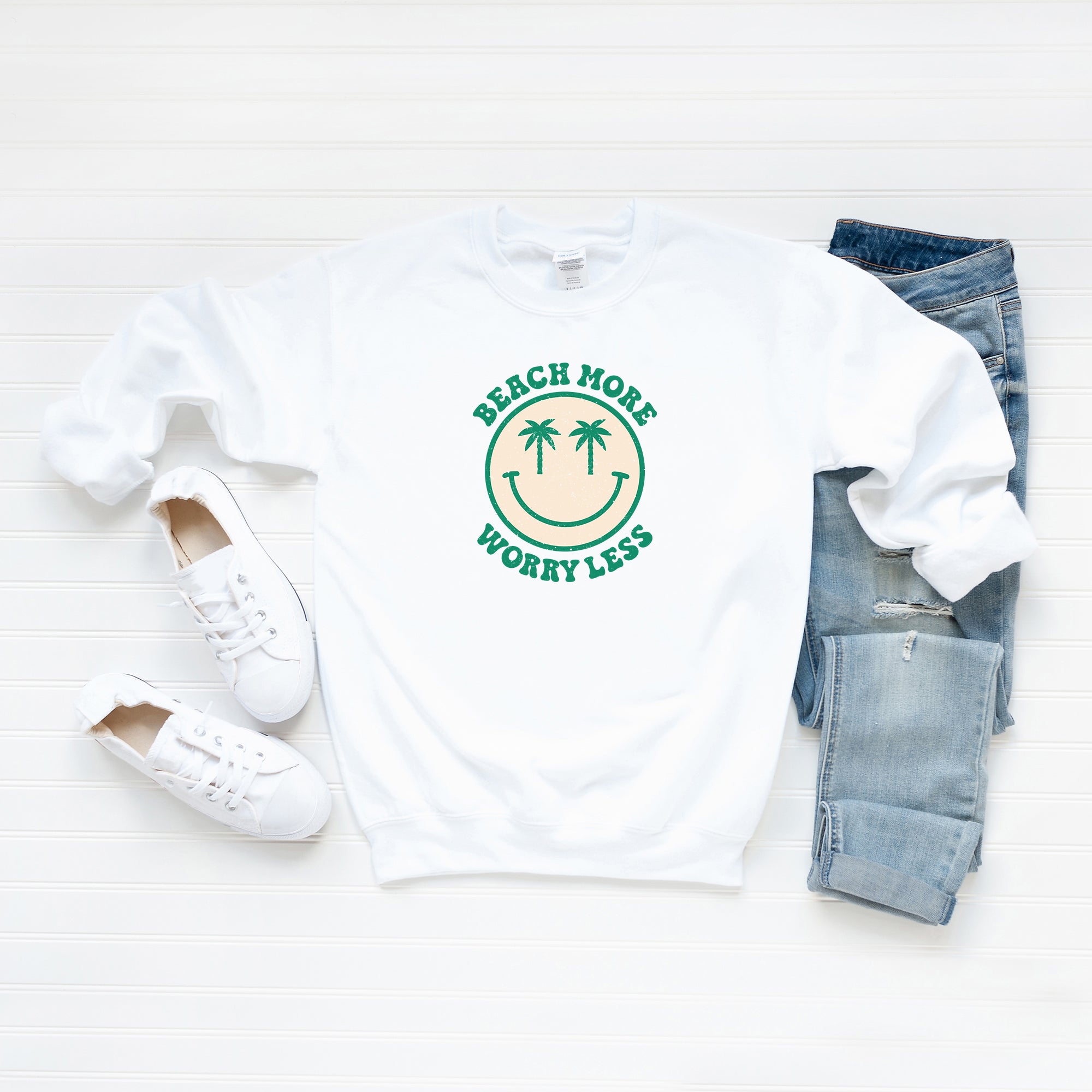 Beach More Worry Less Smiley Face | Sweatshirt