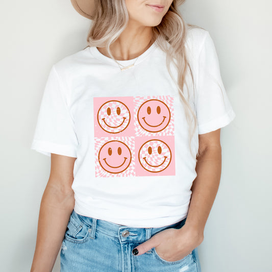 Pink Four Square Smiley Face | Short Sleeve Graphic Tee