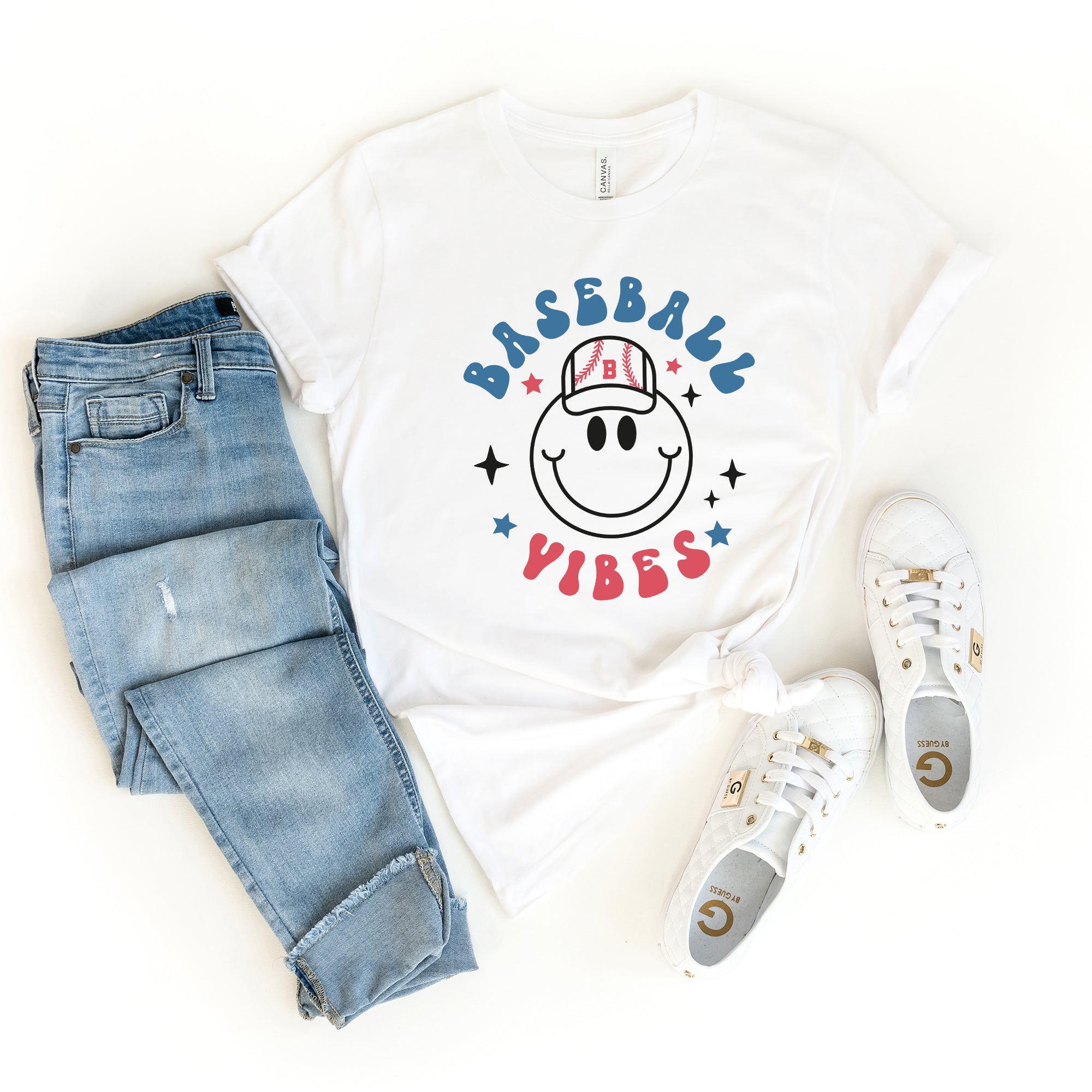 Smiley Face Baseball Vibes | Short Sleeve Graphic Tee