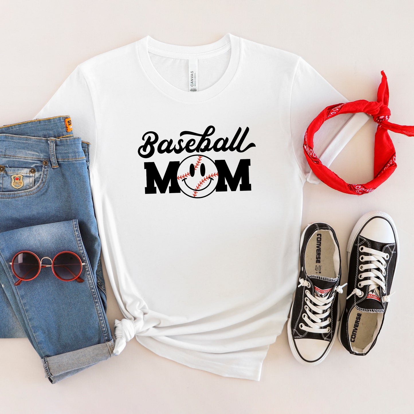 Baseball Mom Smiley Face | Short Sleeve Graphic Tee