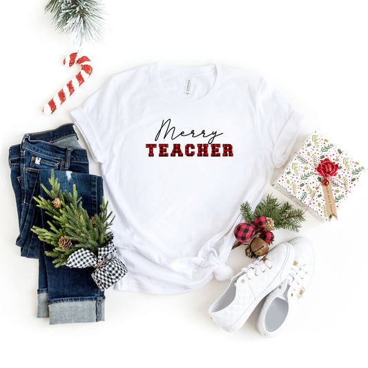 Merry Teacher Buffalo Plaid | Short Sleeve Graphic Tee