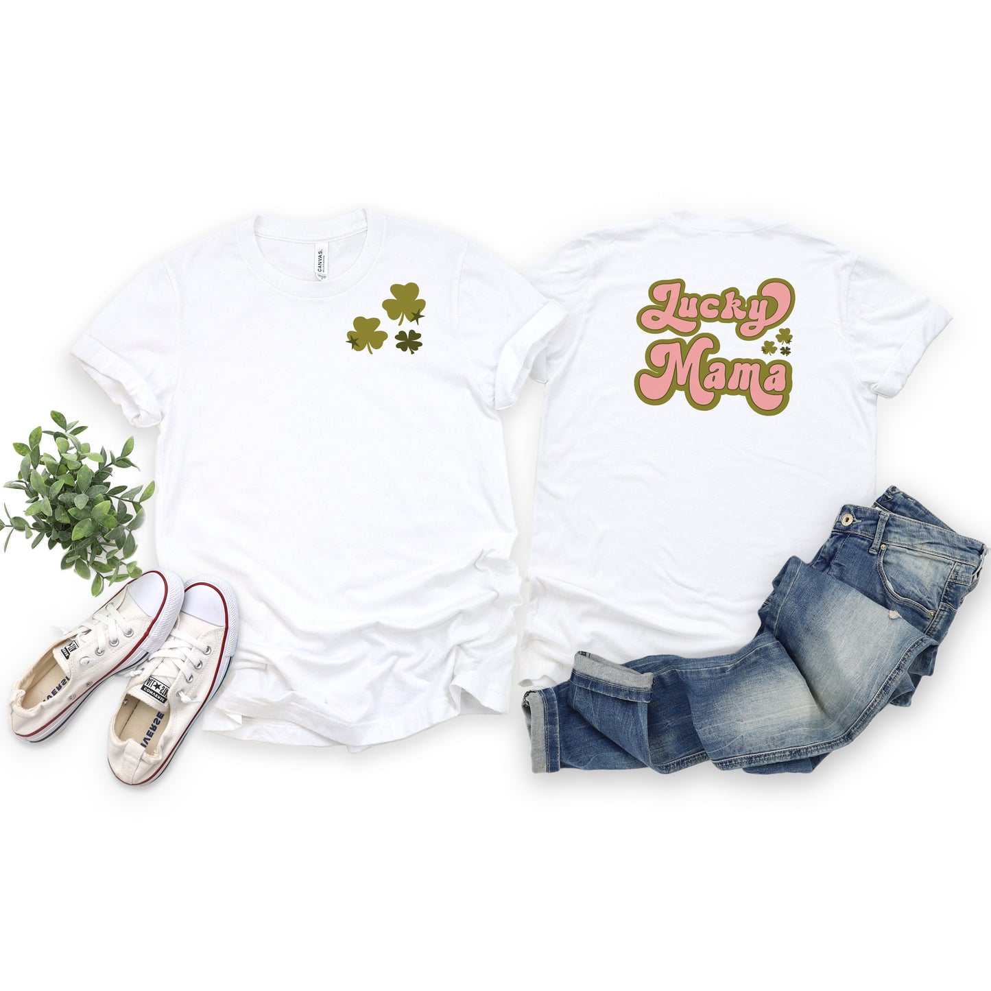 Lucky Mama Retro Clovers | Front & Back Short Sleeve Graphic Tee